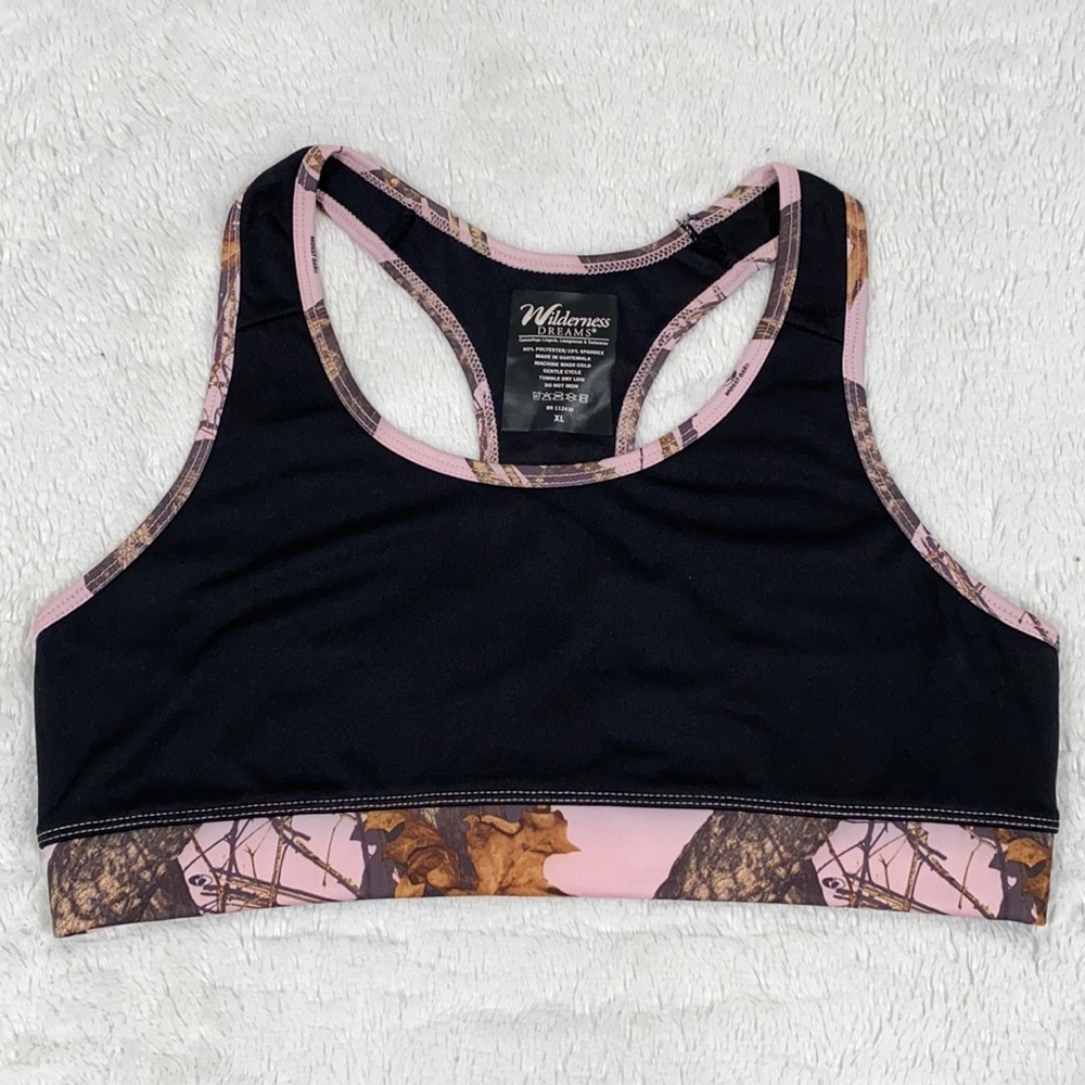 Wilderness Dreams Mossy Oak Break Up Sports Bra, black & pink. Size XL